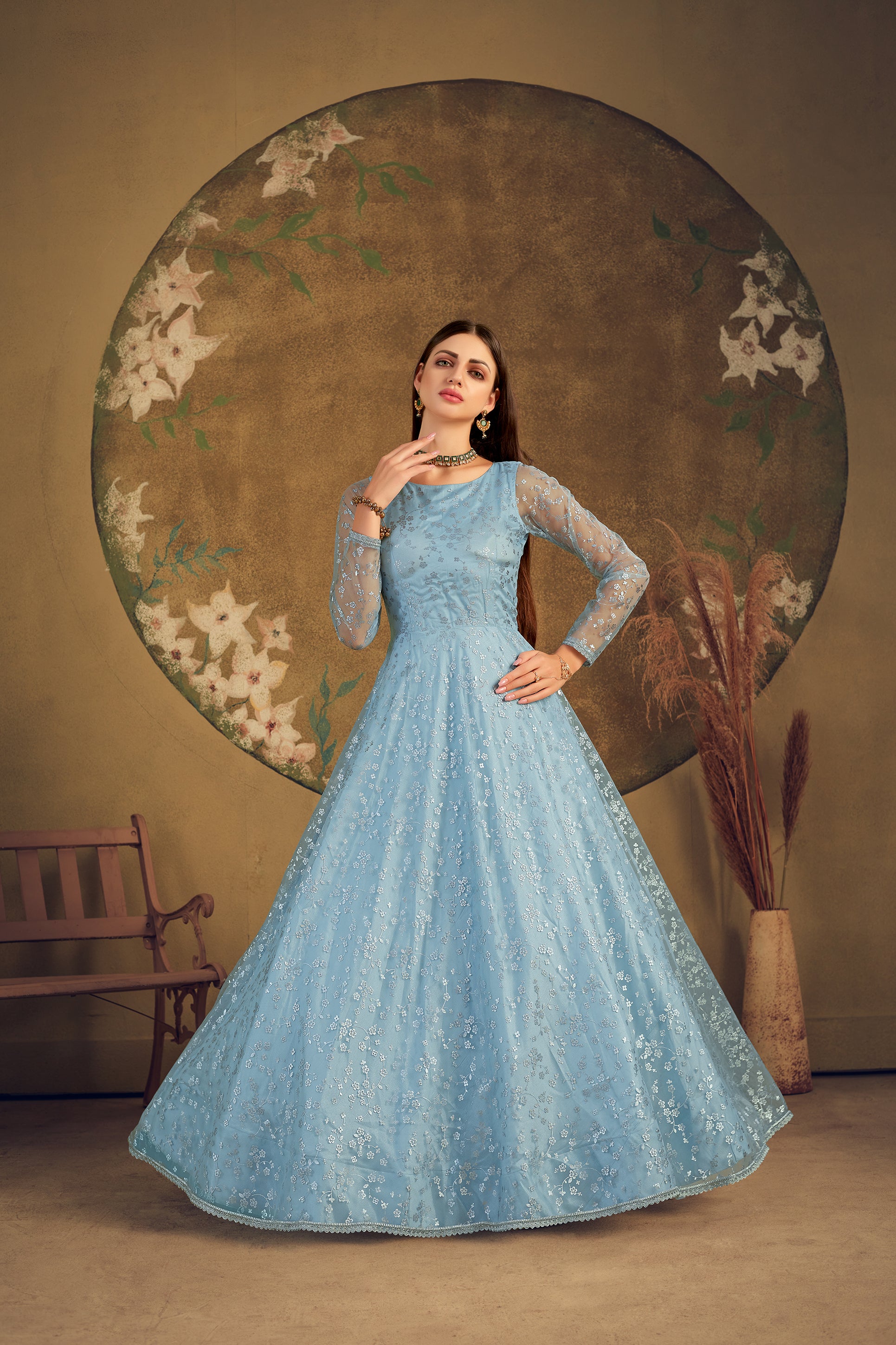 Sky Blue Color Embroidery Work Georgette Gown – Amrutamfab
